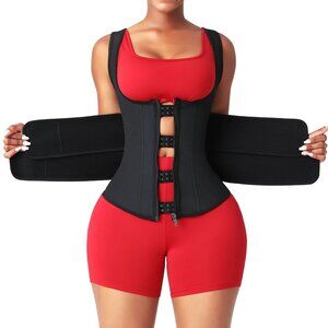 Form-Fitting Latex Double Belt Waist Trainer Vest with Zipper & Hooks Closure